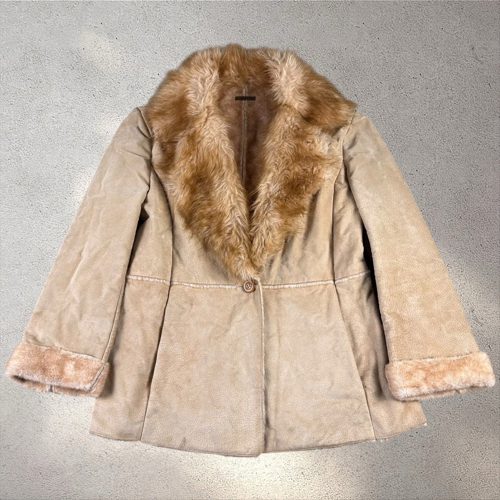 Vintage Guess Suede Leather Penny Lane Coat Women's L Tan Faux Fur Y2K Retro 70s